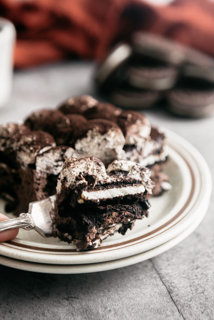 A fork with a bite of oreo tiramisu 