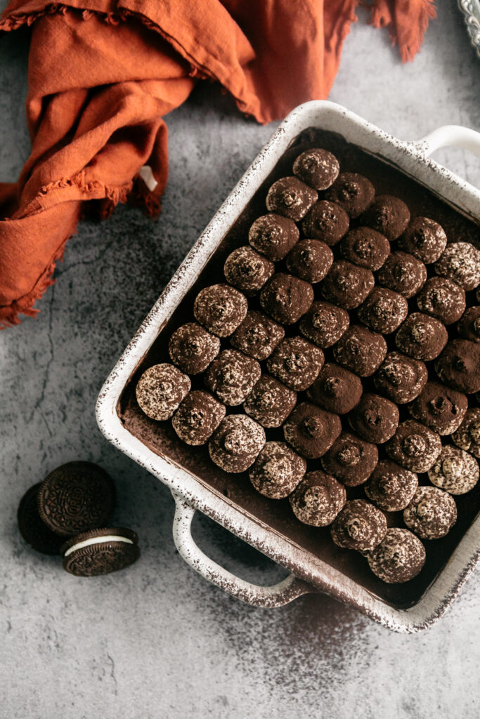 A dish of chocolate tiramisu 