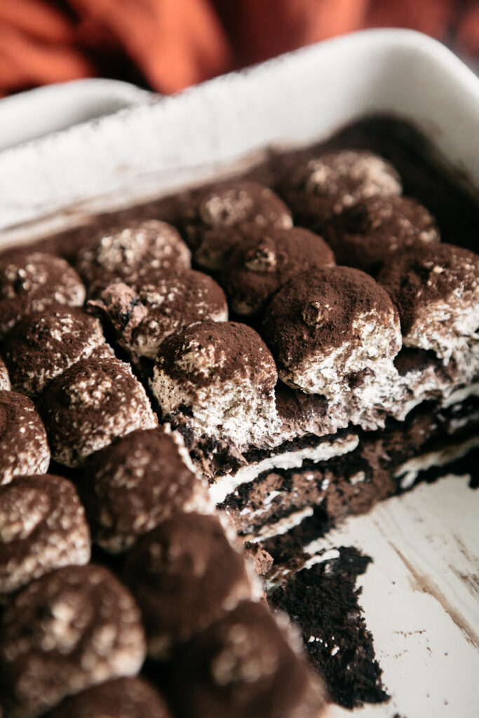 Closeup of a pan of chocolate tiramisu 