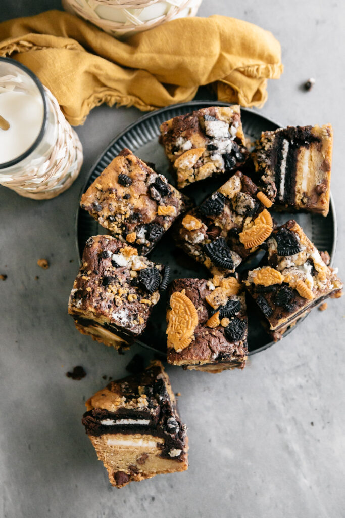 aerial shot of cookie bars and milk 