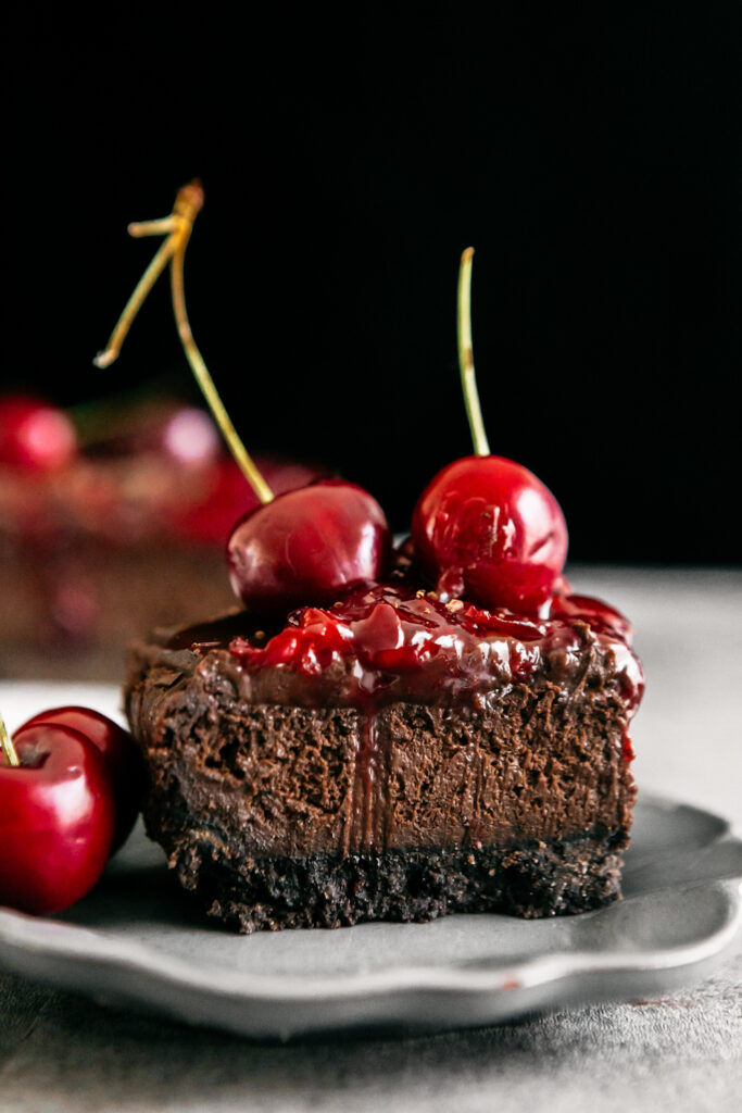 a chocolate cherry cheesecake bar 