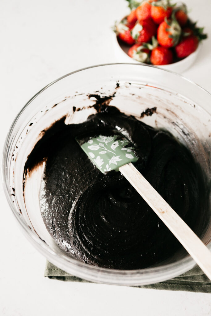 chocolate cake batter in a bowl 